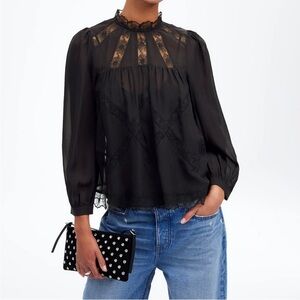 Madewell Lace-Inset Top in Silk in True Black size XS NWT NT229